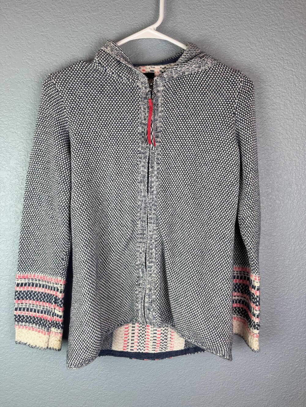 Nic+Zoe Sweater Womens XS Blue Hooded Zip Knit Cotton Blend Patterned Boho